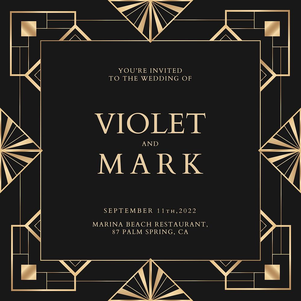 Wedding invitation vector template for social media post with geometric art deco style