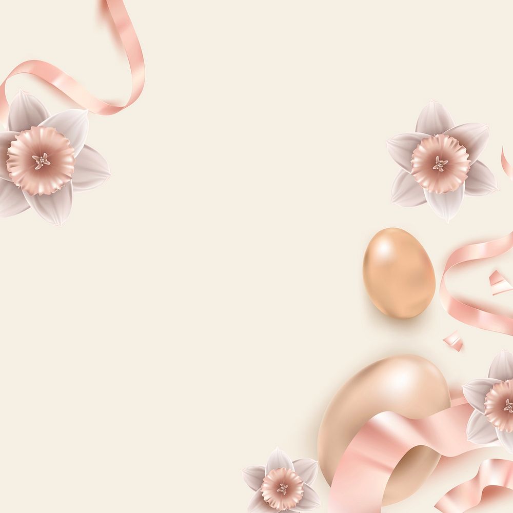 Floral Easter eggs border vector in 3D rose gold and ribbons on beige background for greeting card