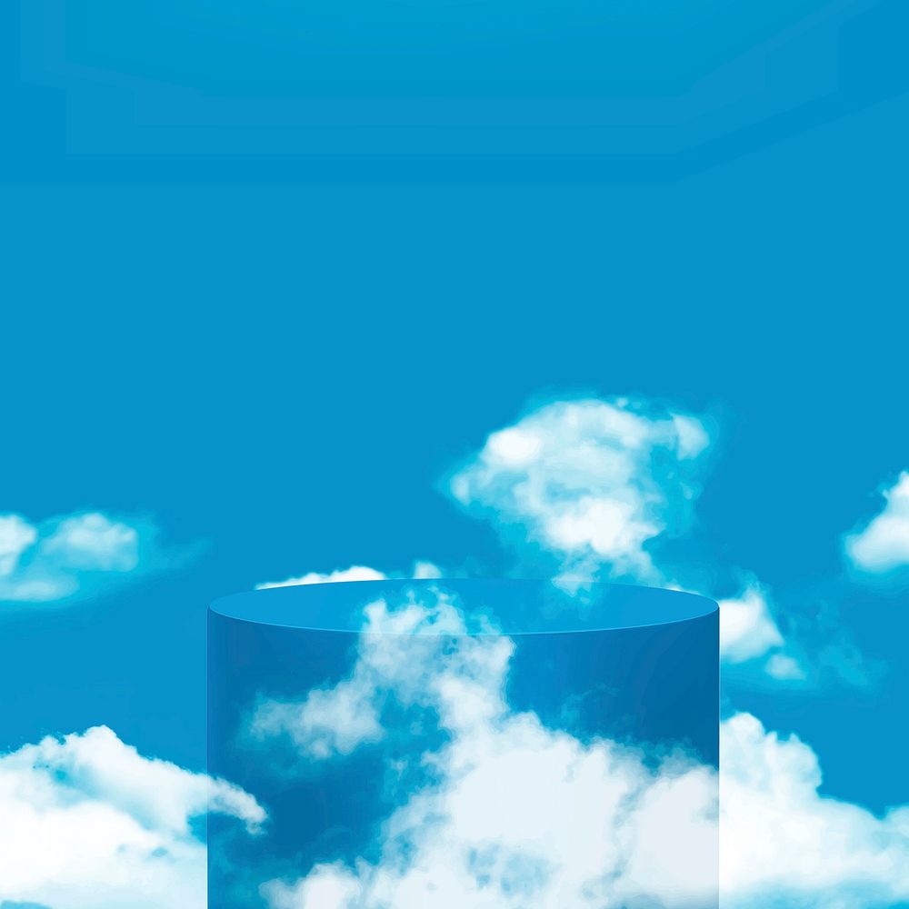 Product display podium 3D vector with clouds on blue background
