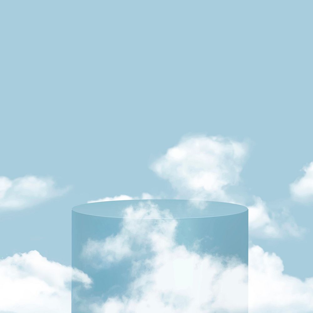 Product display podium 3D vector with clouds on blue background