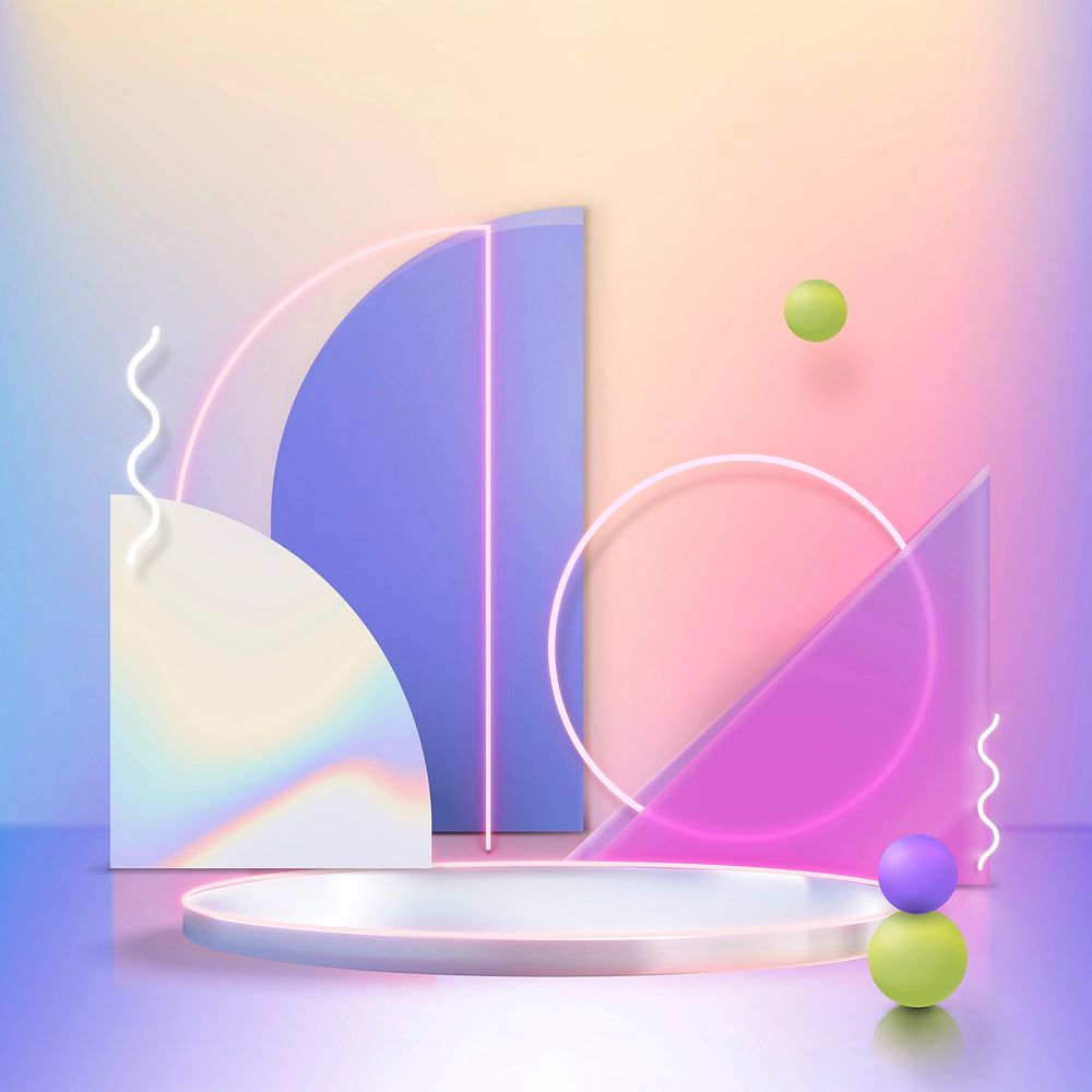 3D product display vector with holographic podium and pink neon rings