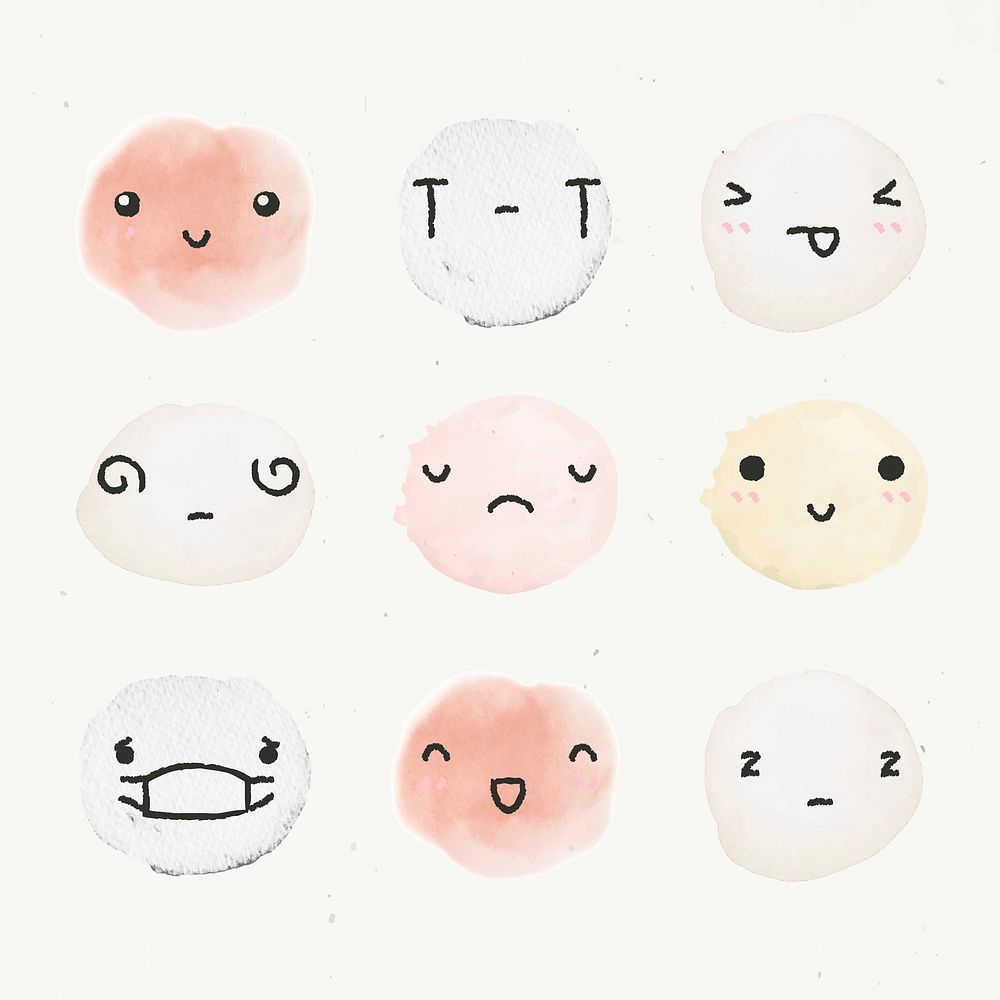 Watercolor emoticon design element vector with diverse feelings in doodle style set