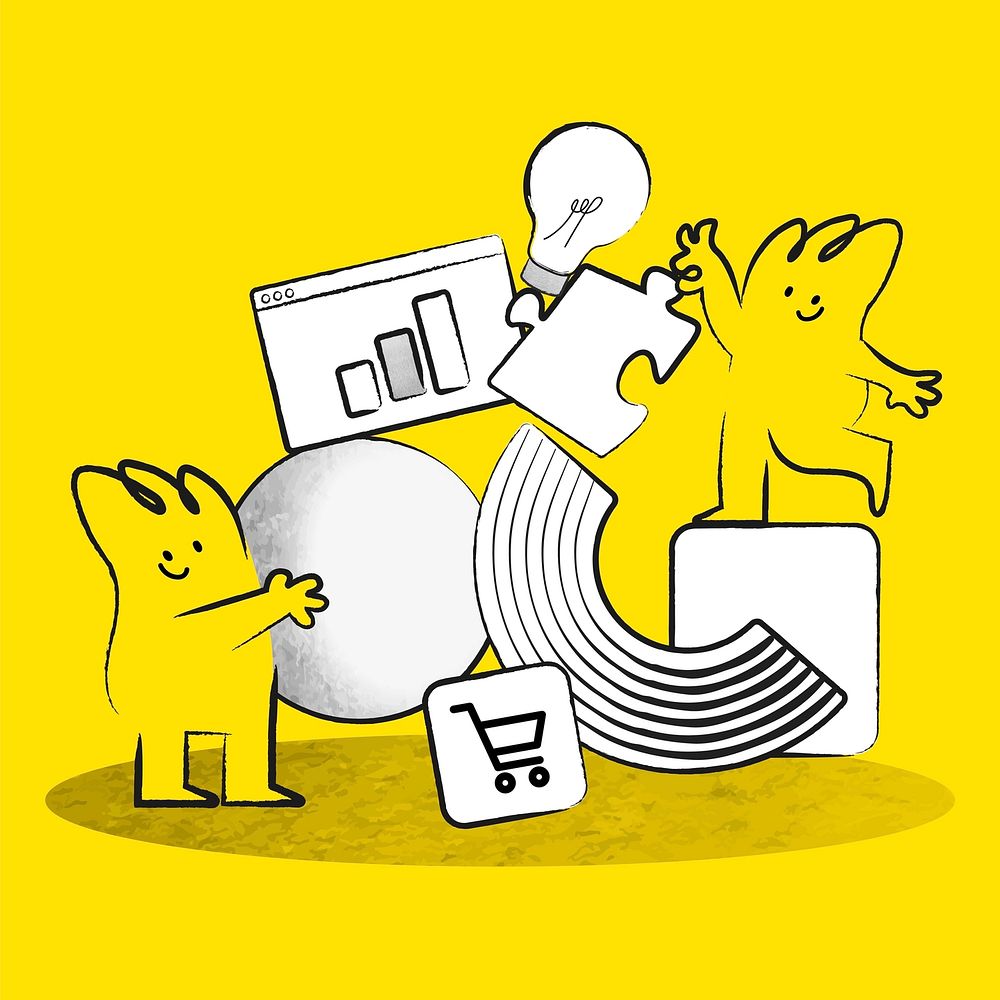 Online business management with doodle avatars yellow illustration