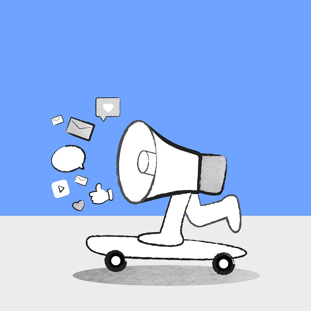 Blue marketing background social media advertising megaphone doodle illustration