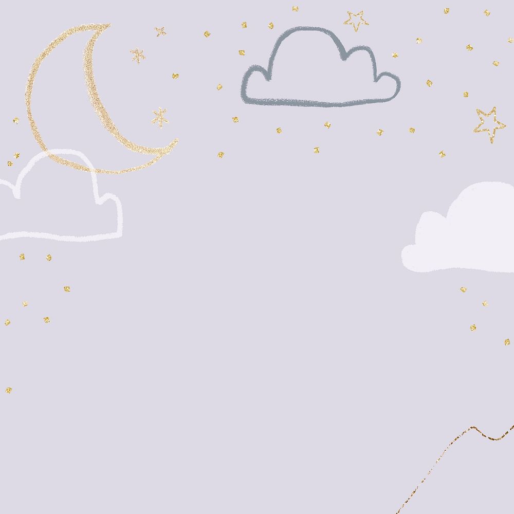 Night sky background vector in purple with moon stars and clouds doodle illustration
