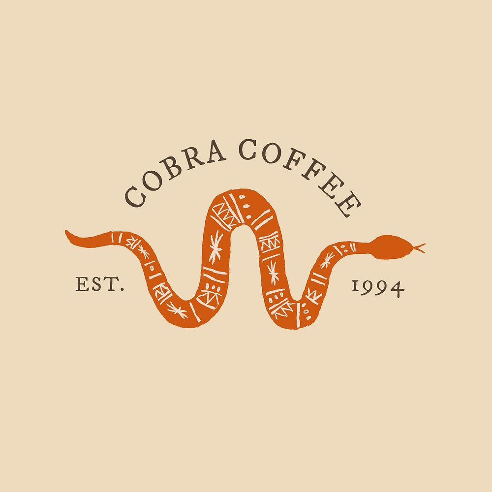 Vintage coffee shop logo vector on beige background with snake illustration