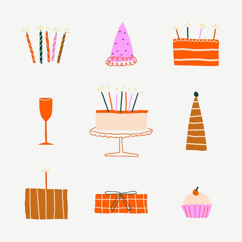 Birthday celebration cute stickers vector doodle set