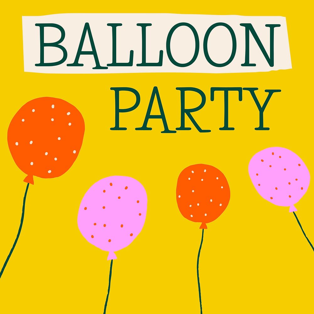 Cute party greeting template vector with doodle balloons social media post