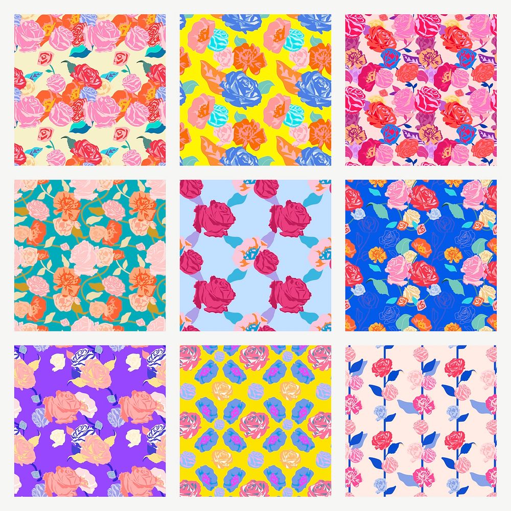 Colorful spring floral pattern vector with roses background set