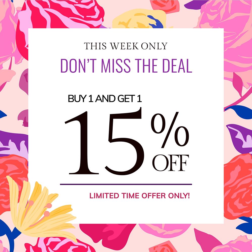 Feminine floral SALE template vector with colorful roses fashion social media ad