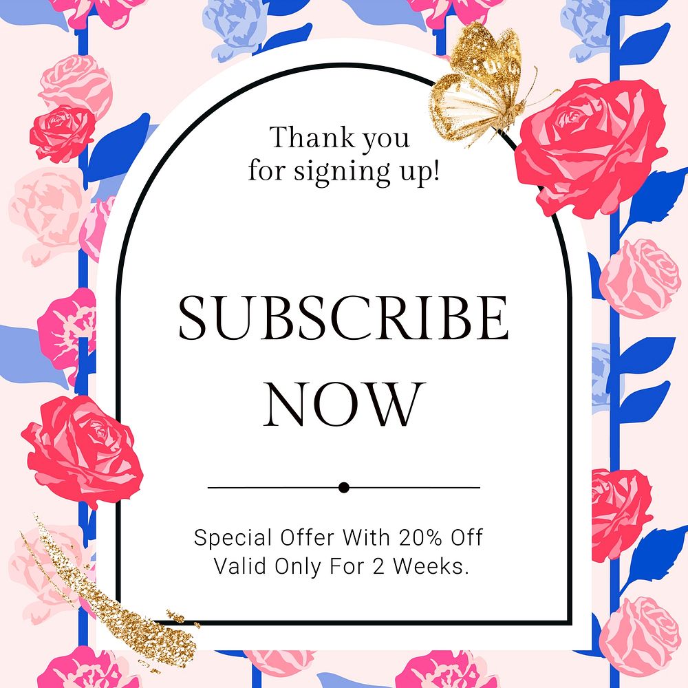 Feminine floral subscribe template vector with colorful roses fashion social media ad