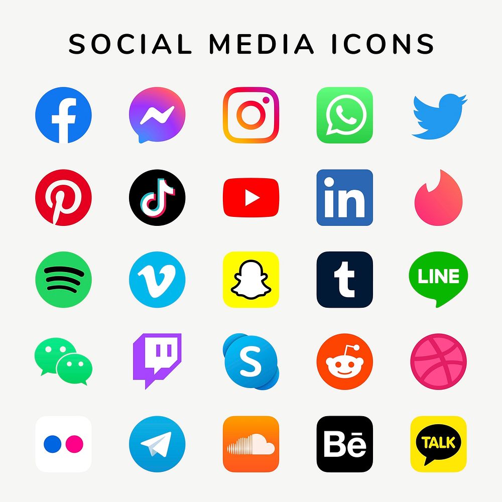Social media icons vector set with Facebook, Instagram, Twitter, TikTok, YouTube logos
