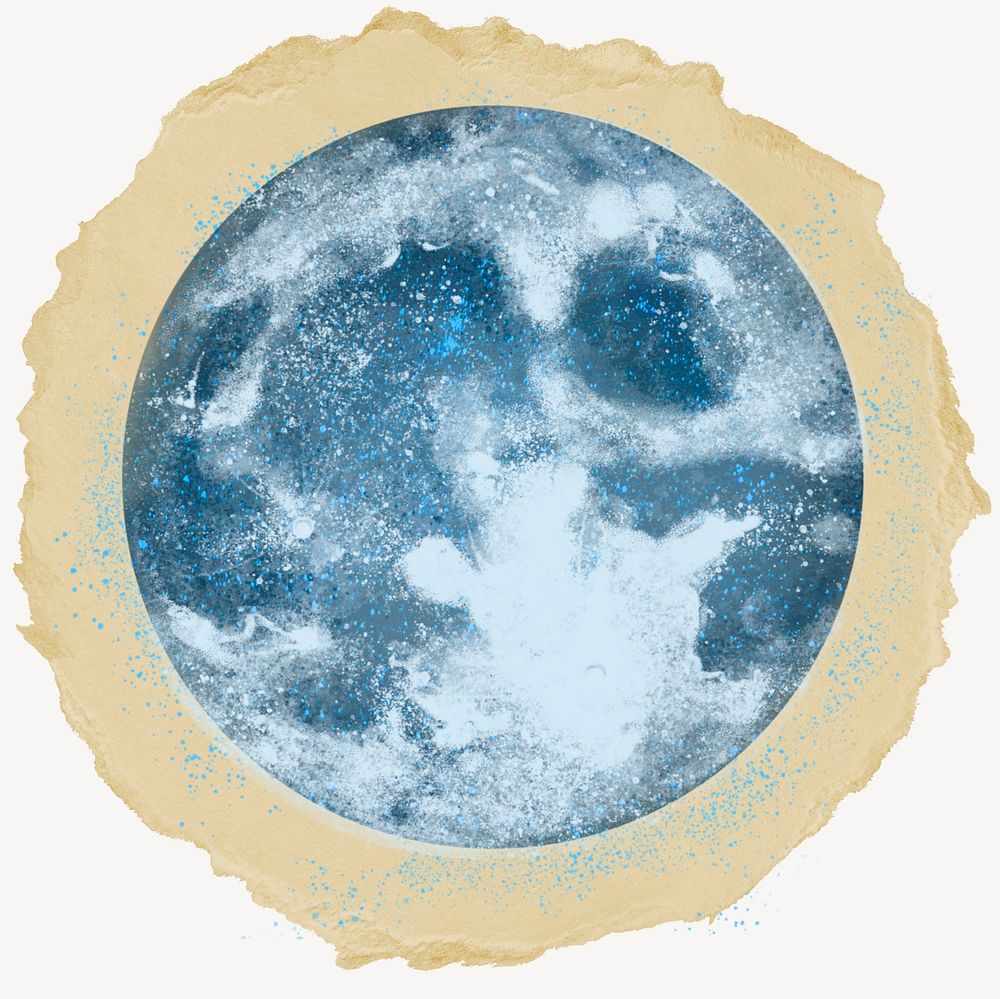 Blue super moon, ripped paper collage element