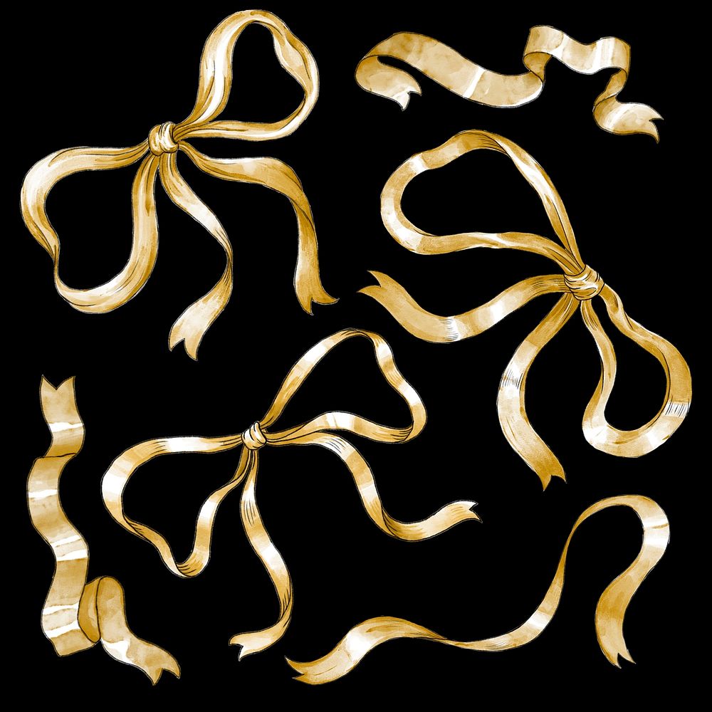 Gold ribbon and bow vector set hand drawn illustration