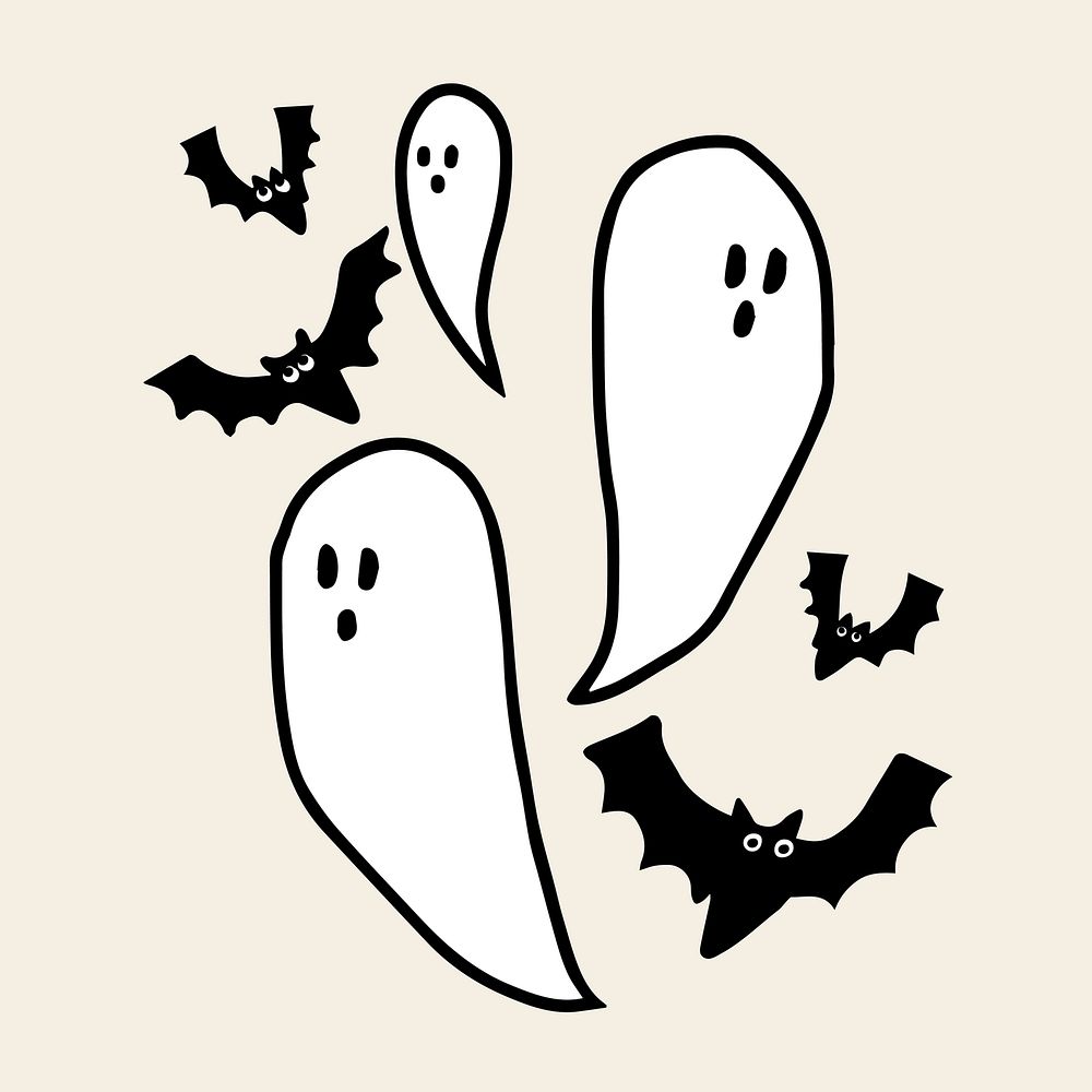 Halloween vector sticker, hand drawn white ghosts and bats doodle