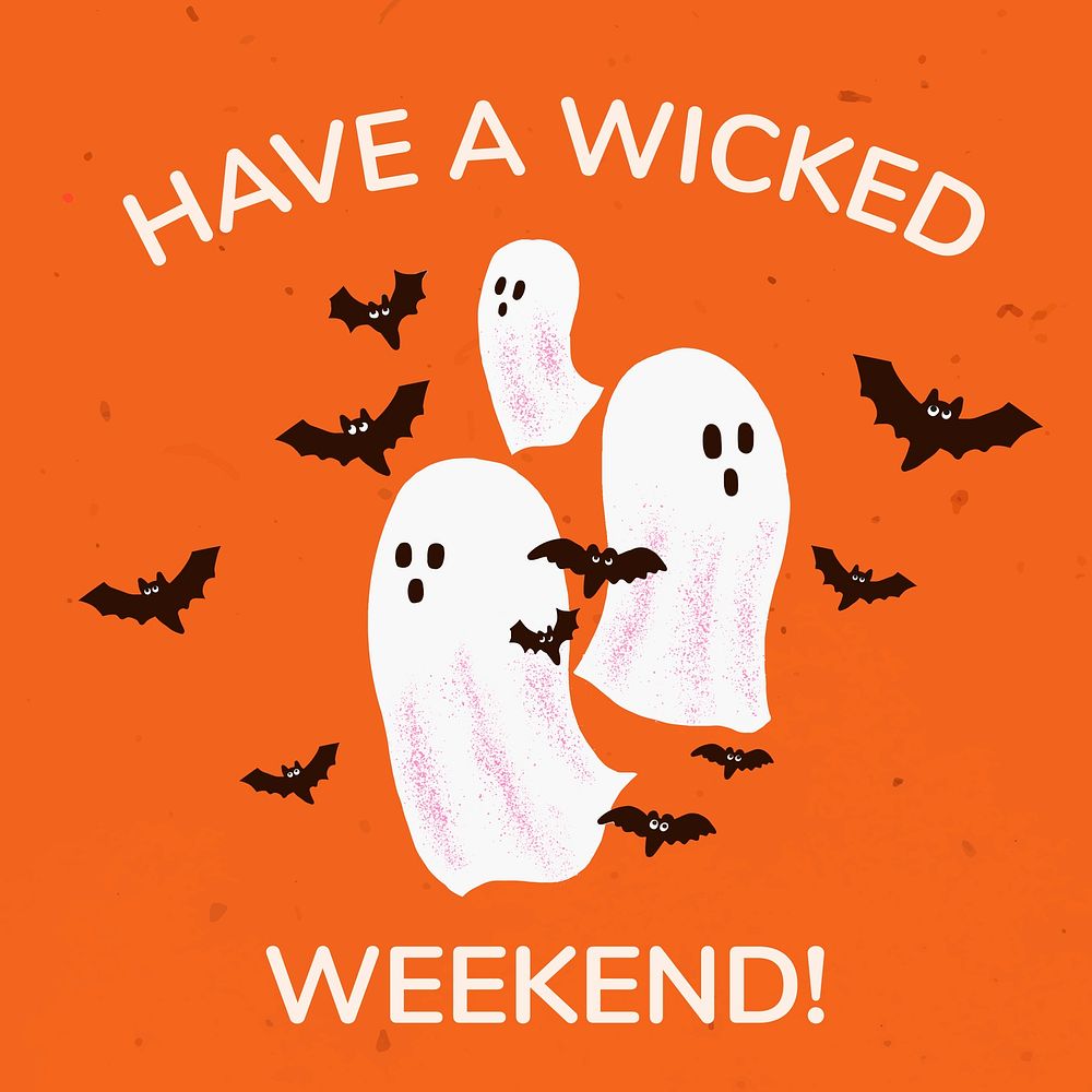 Cartoon Halloween social media post, white ghost wicked weekend