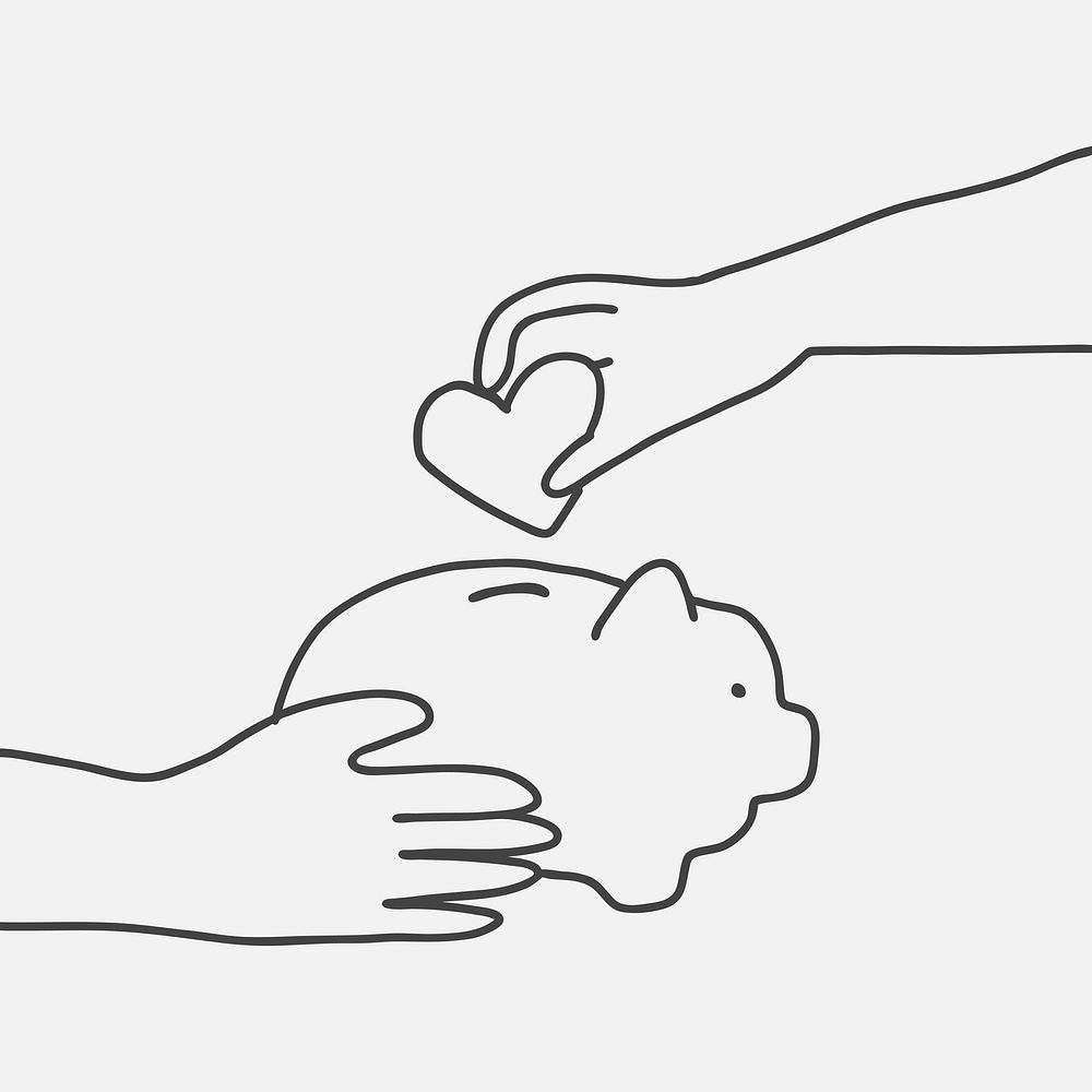 Donation hand doodle vector heart in piggy bank