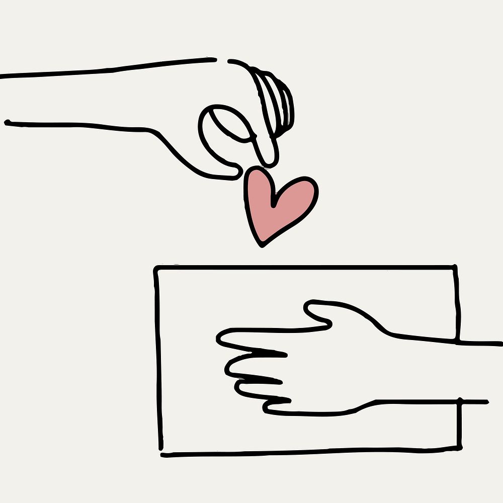 Charity doodle hand giving heart/money, donation concept