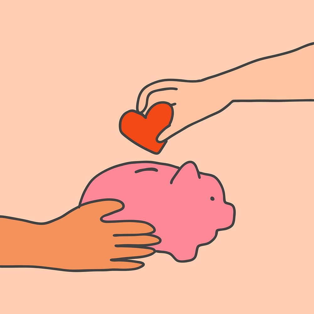 Charity doodle with hand giving heart to piggy bank