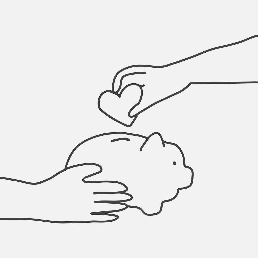 Supporting doodle with hand giving heart to piggy bank