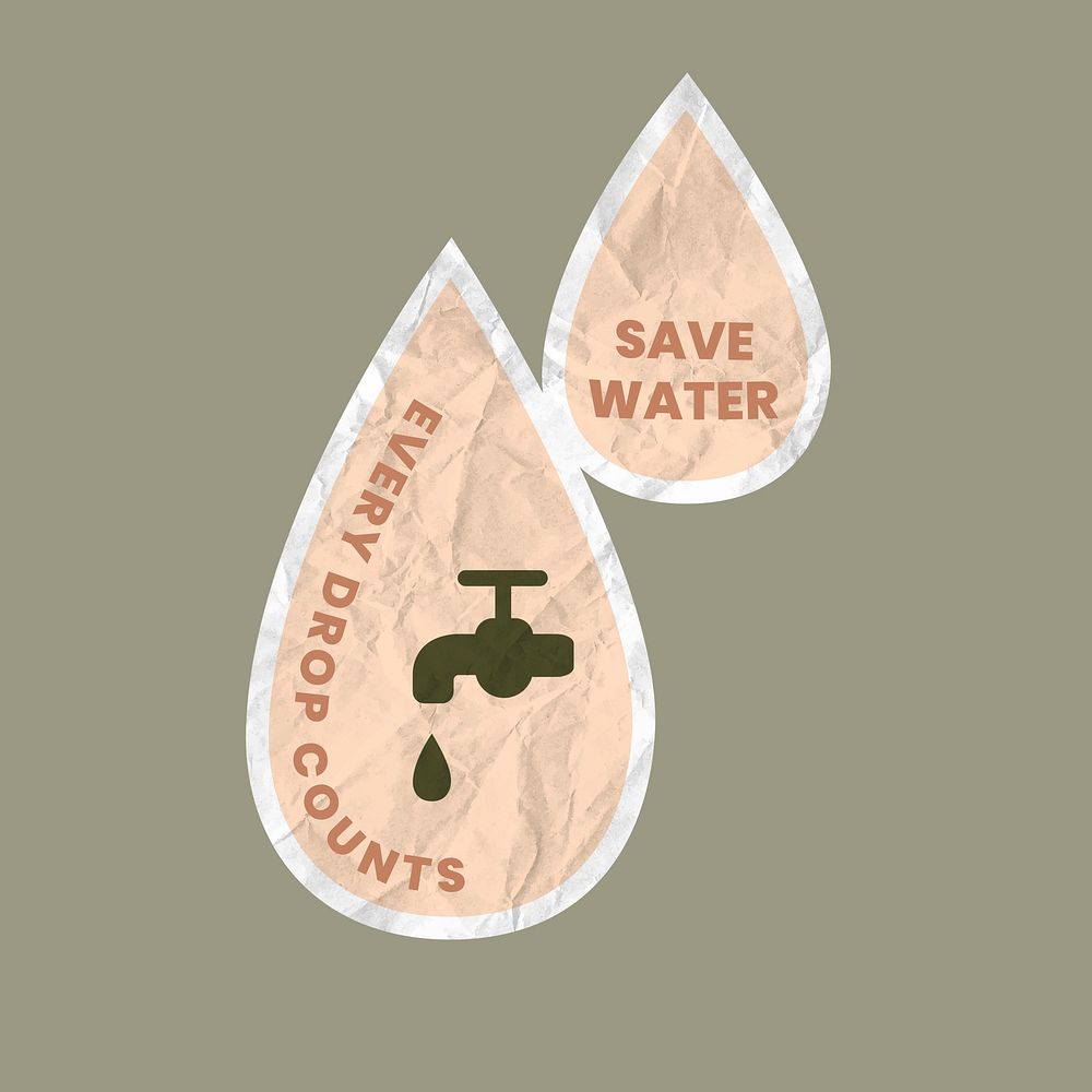 Save water sticker vector illustration in crumpled paper texture, every drop counts text