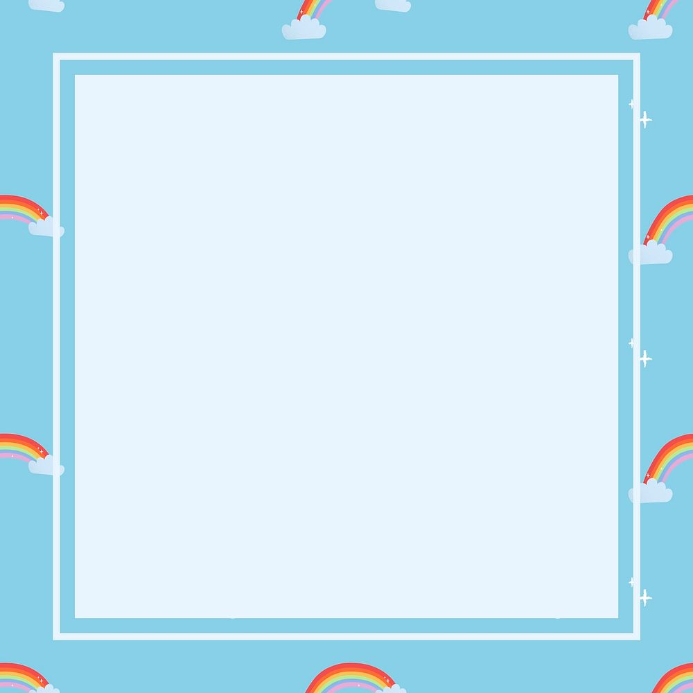 Blue square frame, cute rainbow pattern weather vector clipart