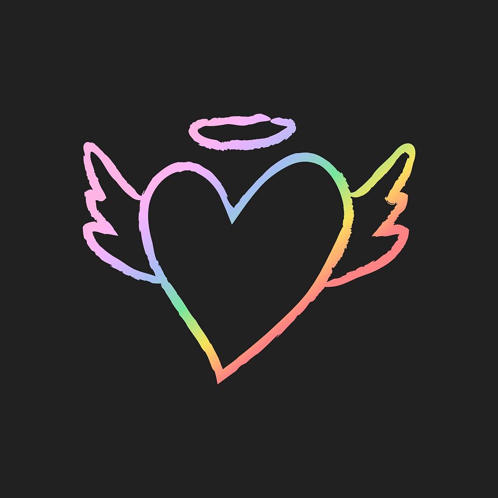 Rainbow heart icon with angel wings, vector illustration in doodle style