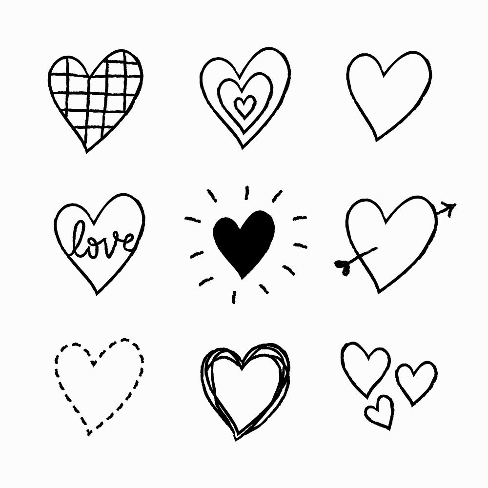 Heart icons set vector, simple doodle in hand-drawn style
