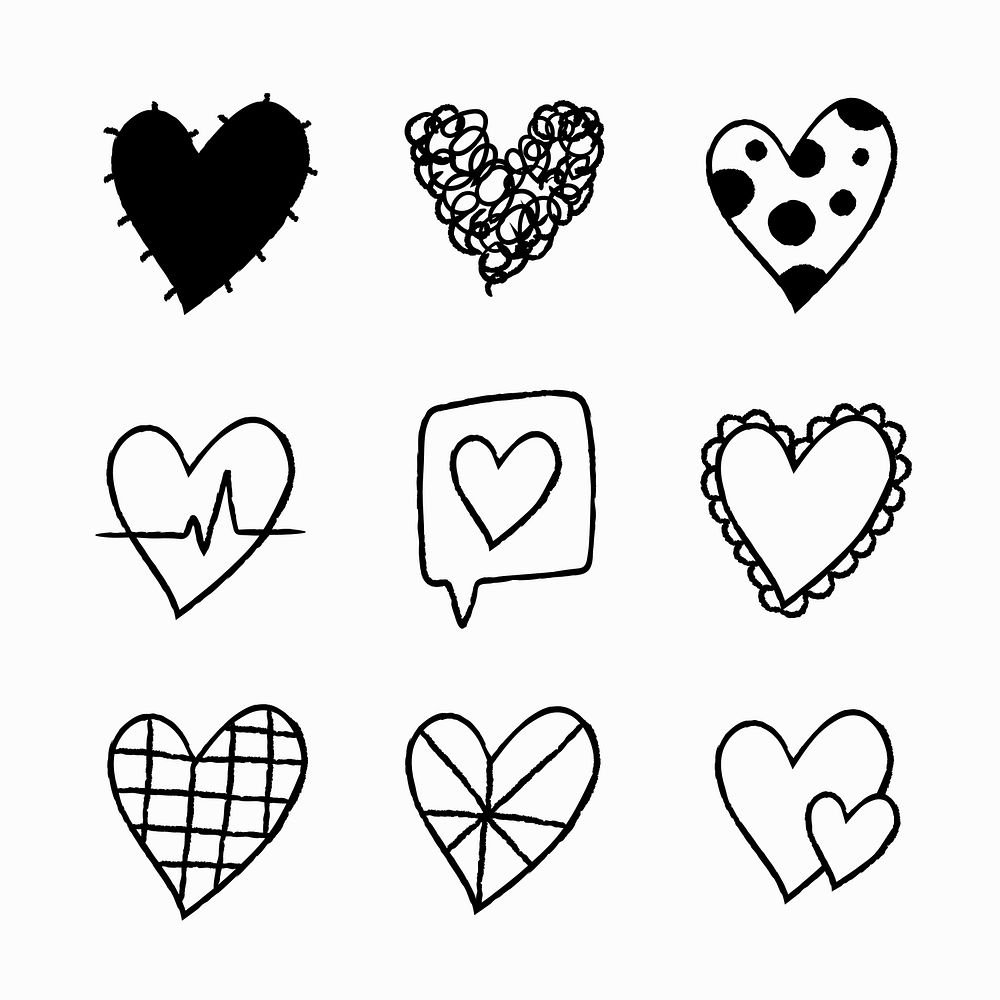 Heart icons set vector, simple doodle in hand-drawn style