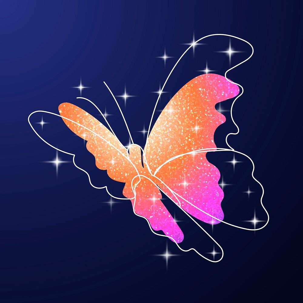 Glitter butterfly sticker, orange colorful aesthetic vector animal illustration