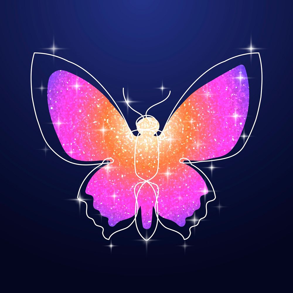 Glitter butterfly sticker, pink colorful aesthetic vector animal illustration