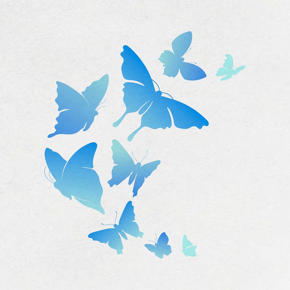 Flying butterfly sticker, blue gradient flat vector animal illustration set