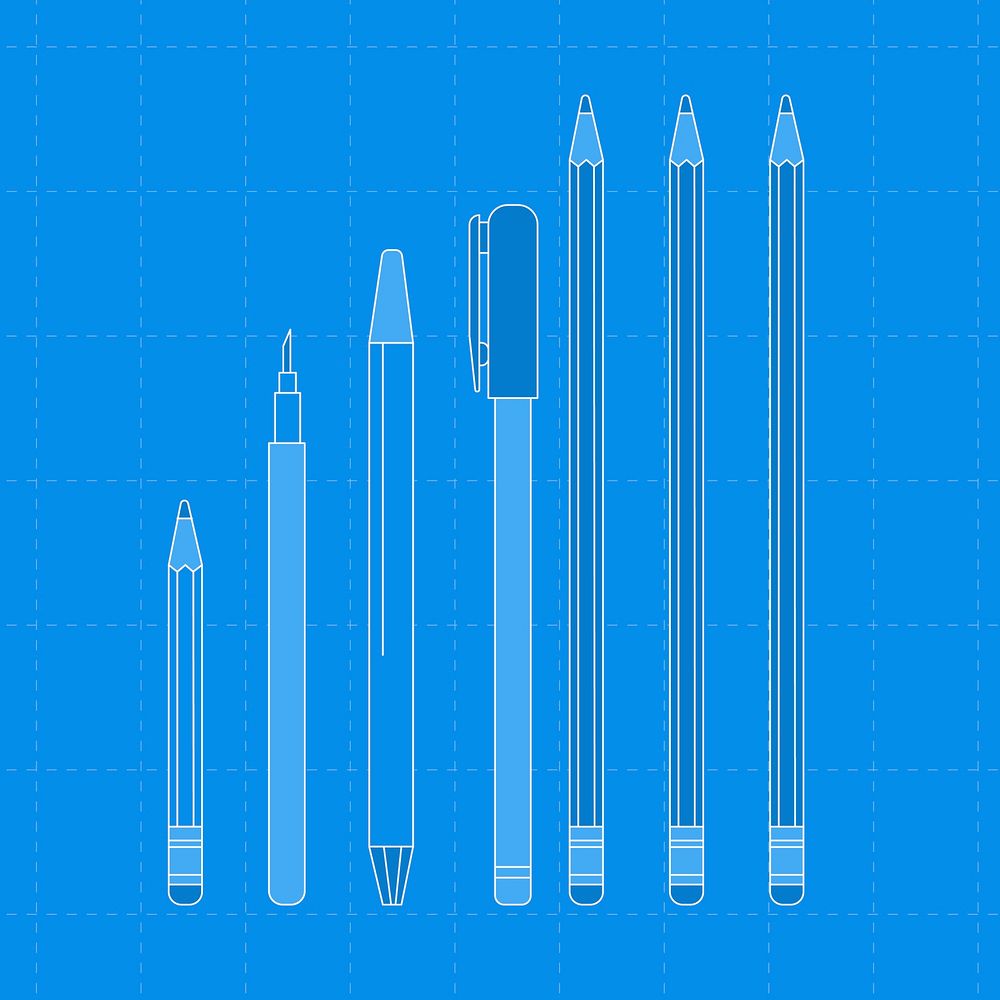 Blue stationery outline, vector illustration set