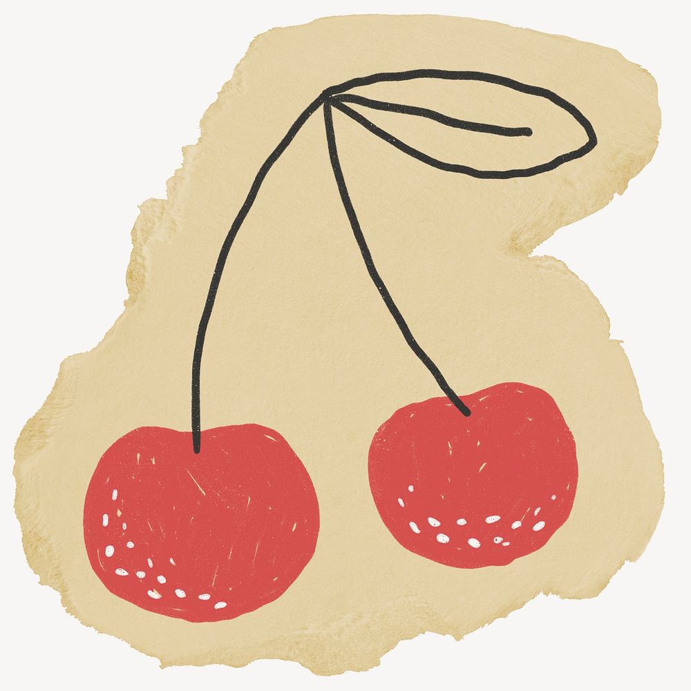 Cherries doodle, ripped paper collage element 