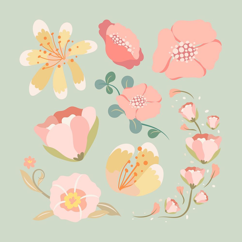 Pastel flower, spring clipart psd illustration set