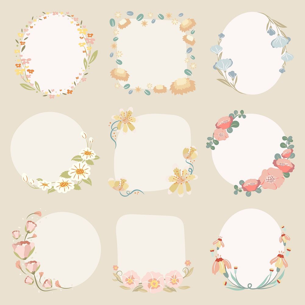 Pastel flower frame, vector, flat design illustration set