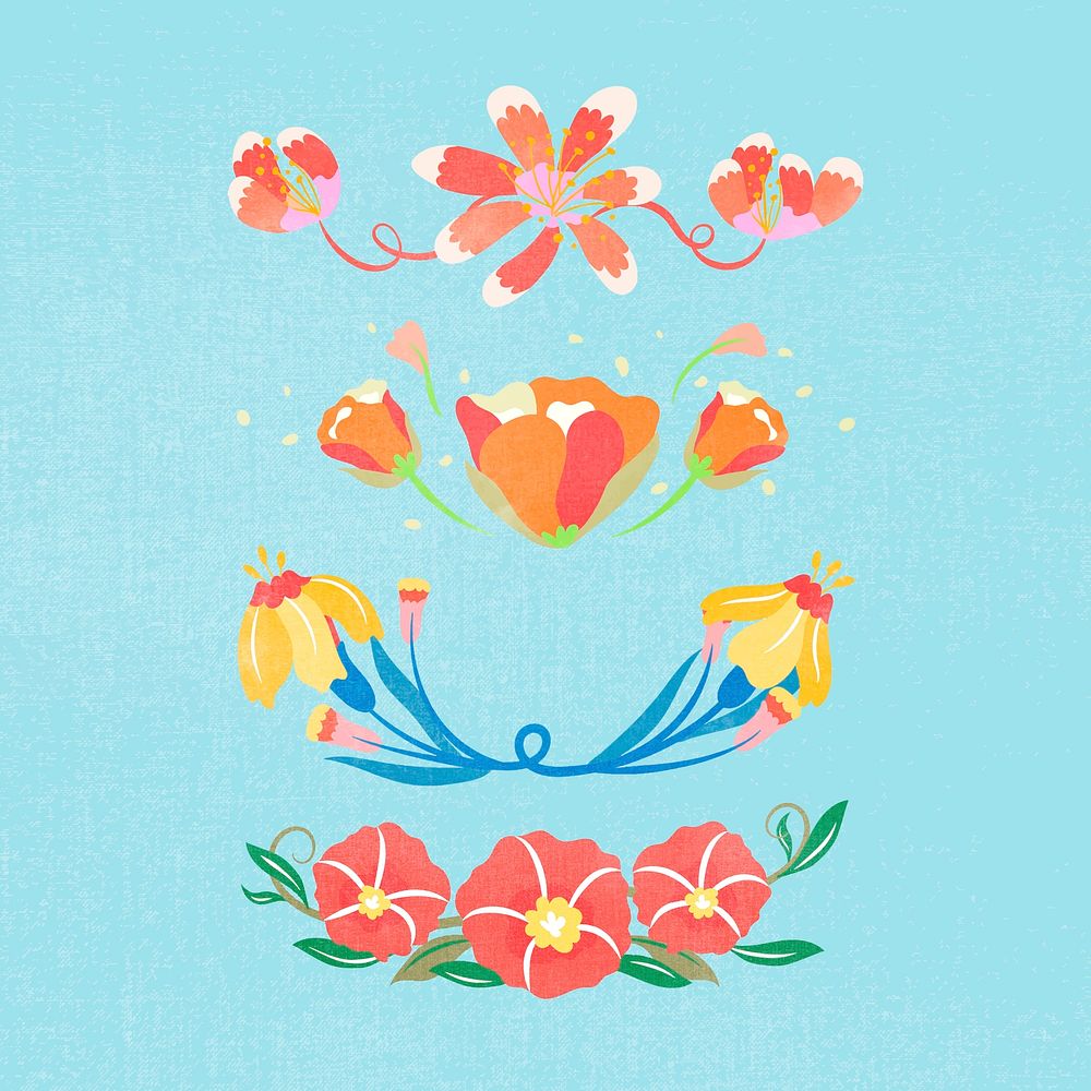 Flower divider, colorful flat design sticker vector illustration set