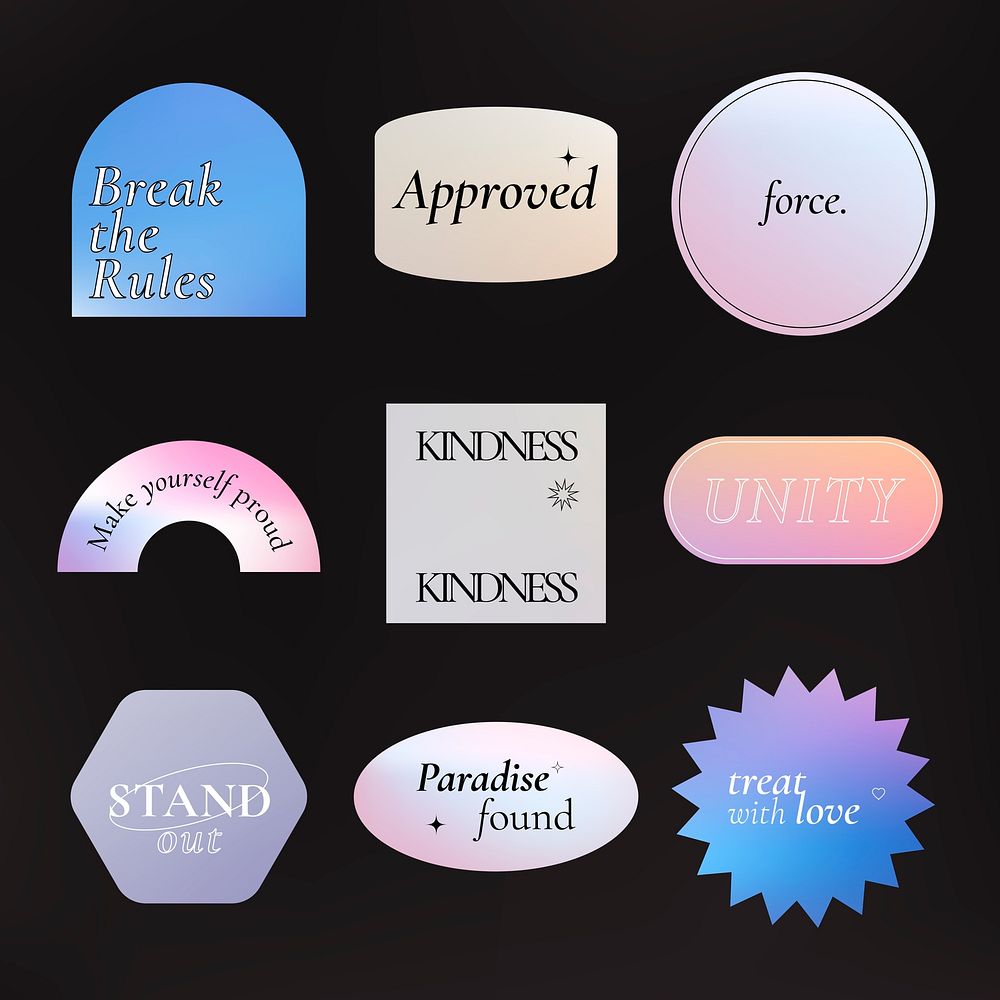 Aesthetic word sticker, holographic pastel gradient clipart vector set