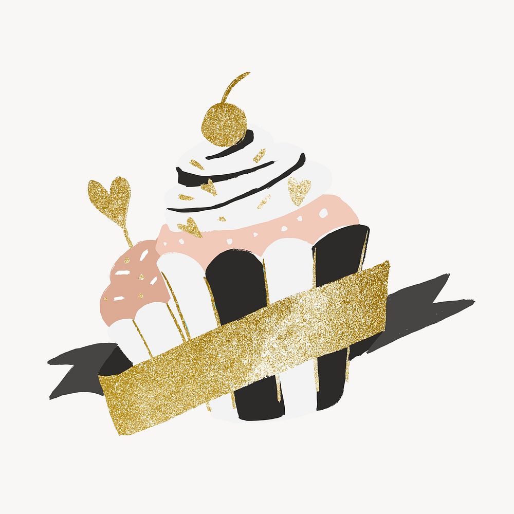 Cupcake, cute glitter gold label design vector
