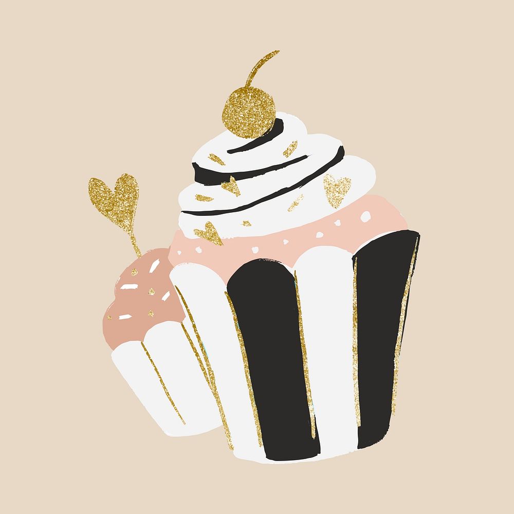 Cupcake, cute pastel pink, glitter gold cherry dessert vector