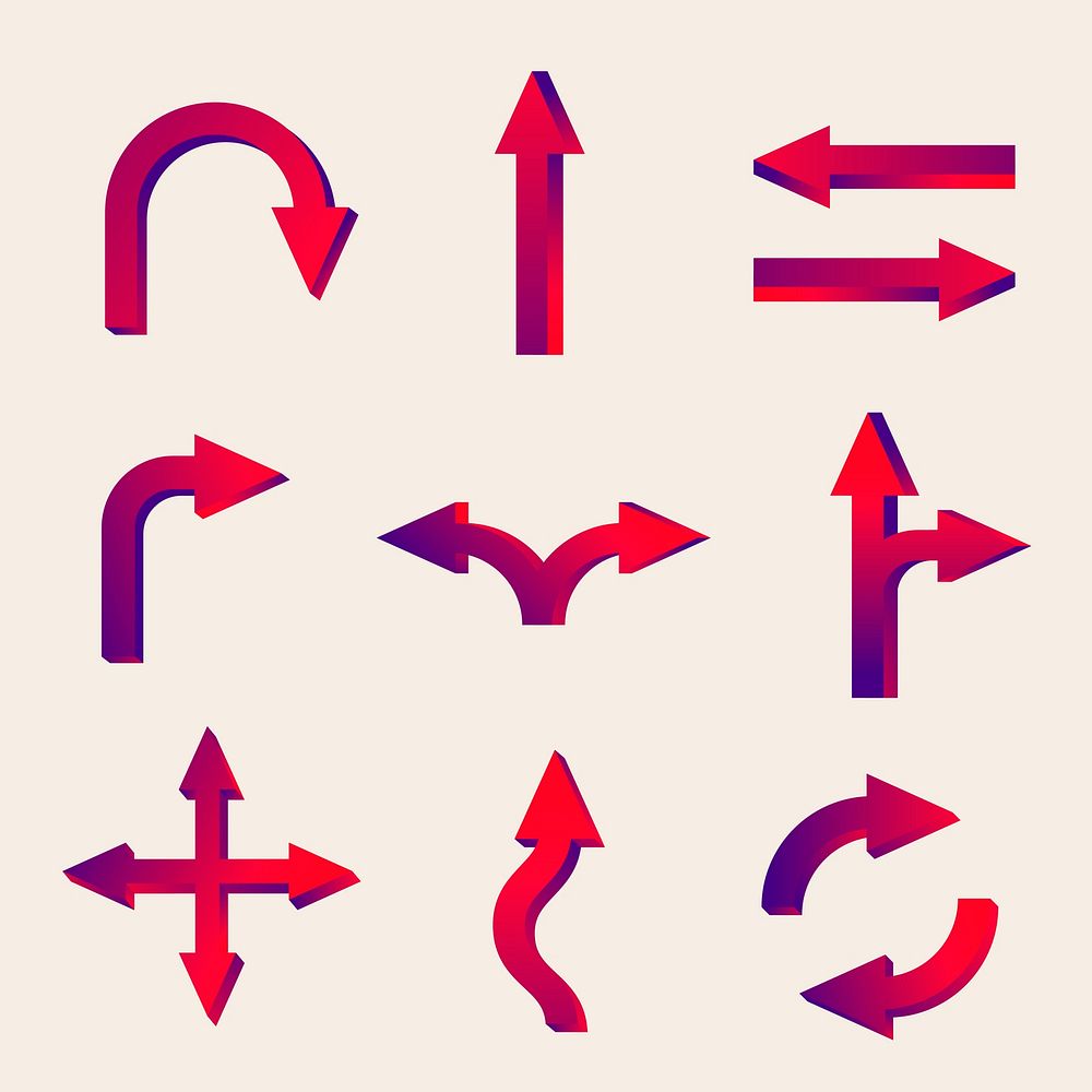 Arrow sticker, traffic road sign vector in red gradient design set