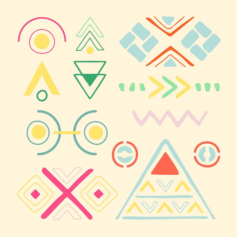 Ethnic shape sticker, colorful doodle aztec design, vector set
