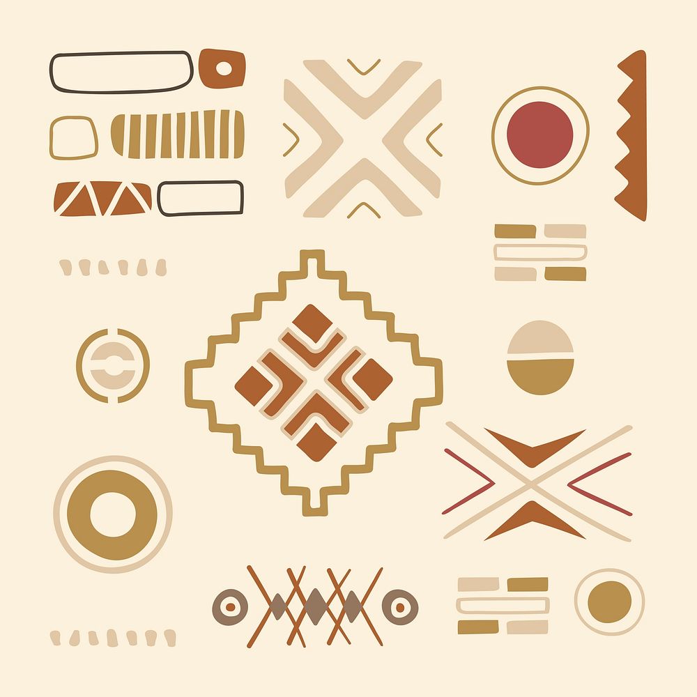 Tribal shape sticker, brown doodle geometric design, vector set