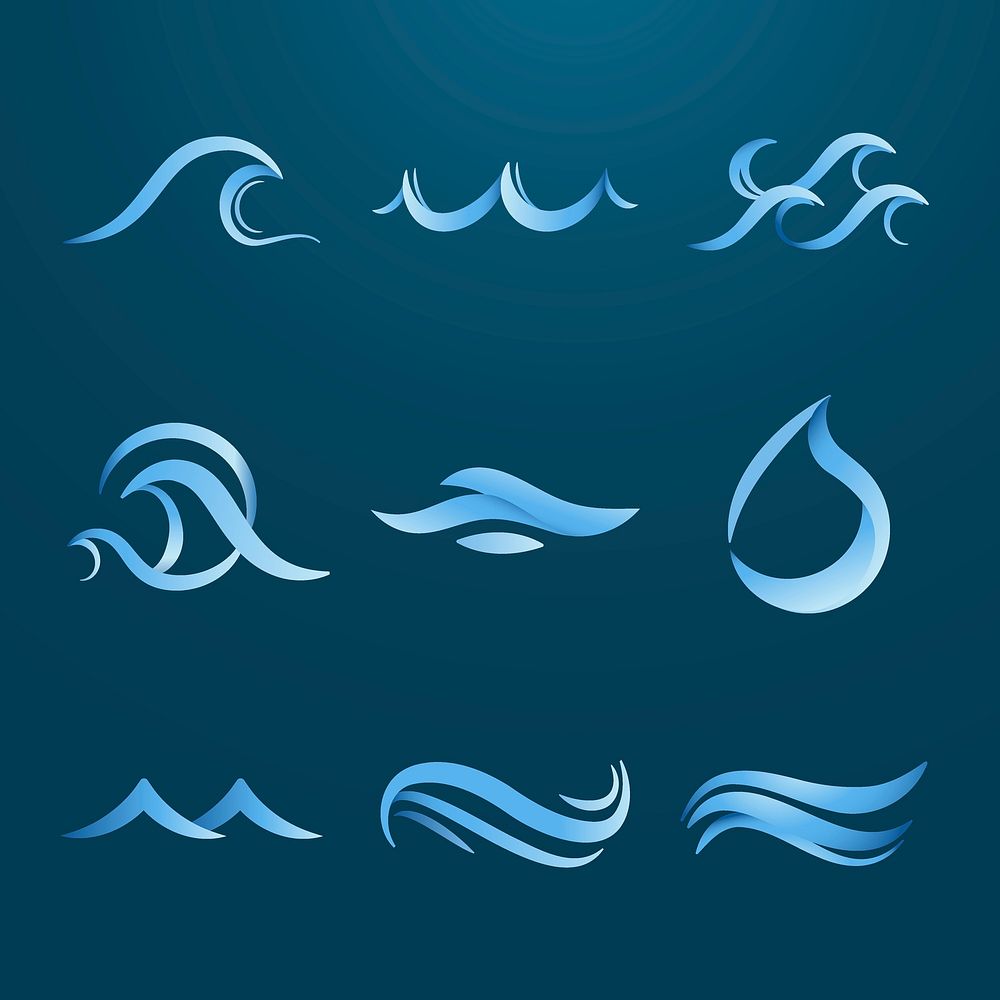 Ocean wave sticker, animated water clipart, blue logo element for business vector set