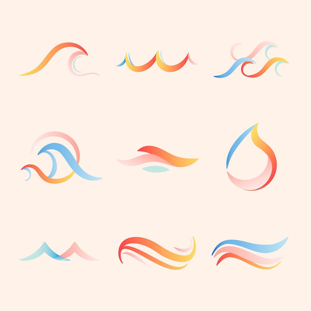 Ocean wave sticker, aesthetic water clipart, colorful logo element for business vector set