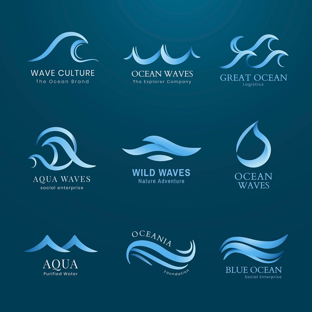 Wave business logo template, blue water animated graphic vector set