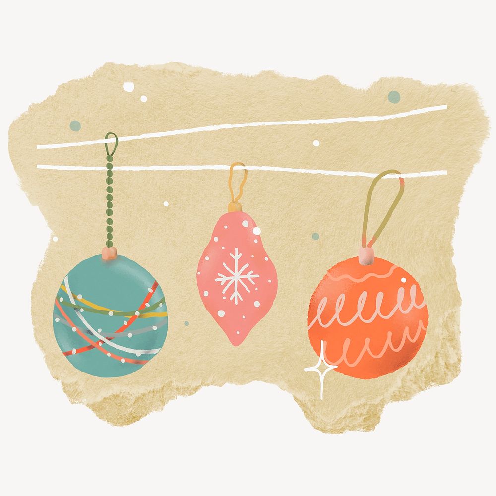 Christmas baubles, ripped paper collage element 