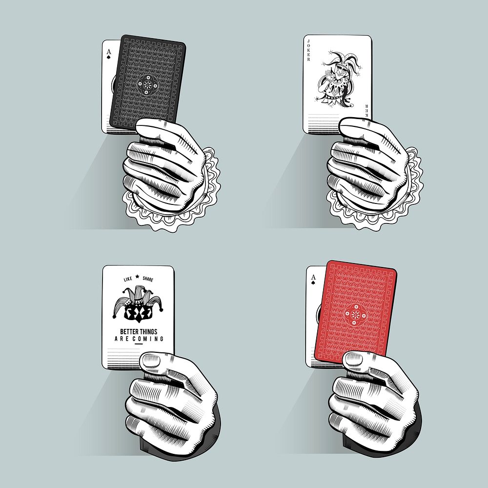 Hand with poker cards vector collection