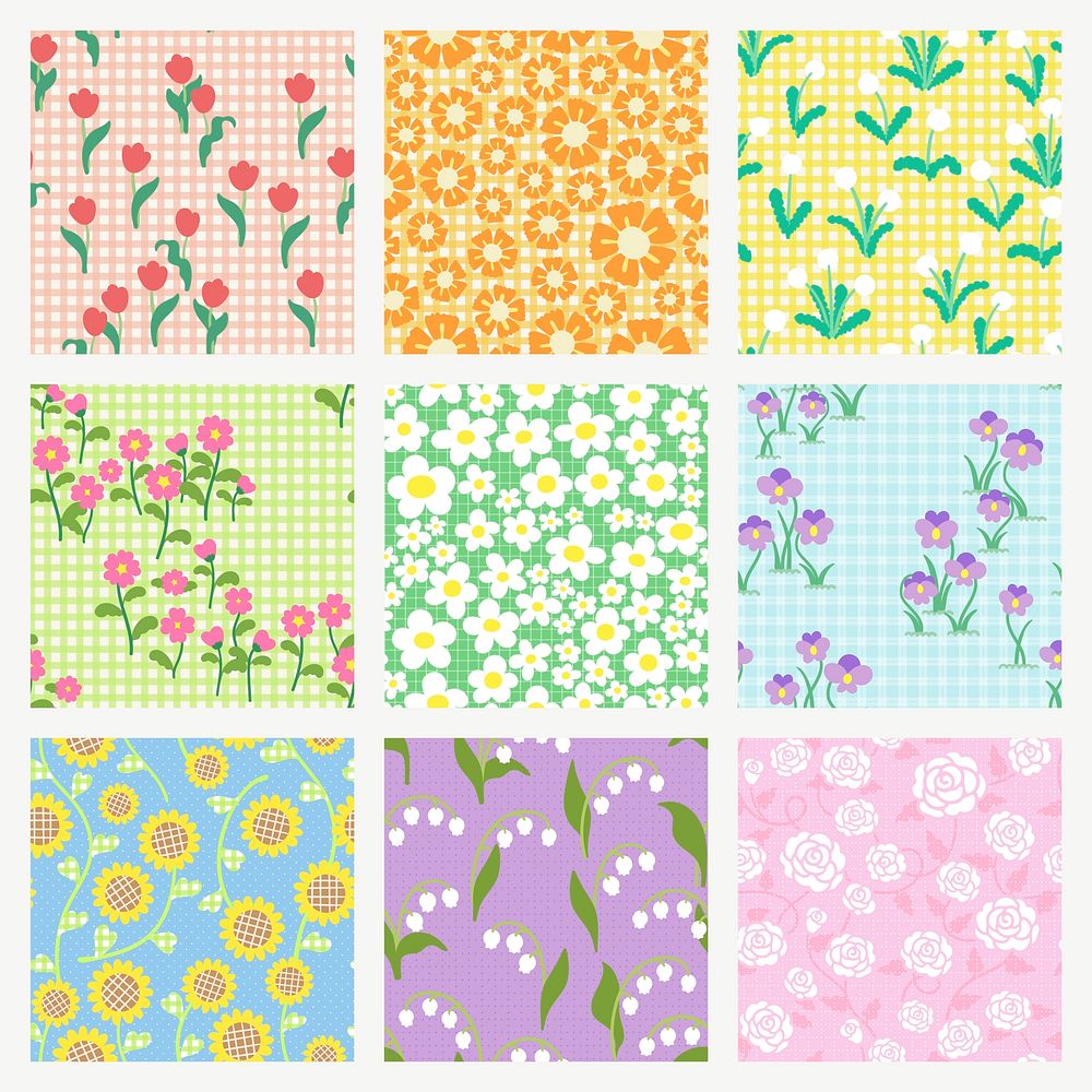 Seamless flower pattern, cute design for kids set vector