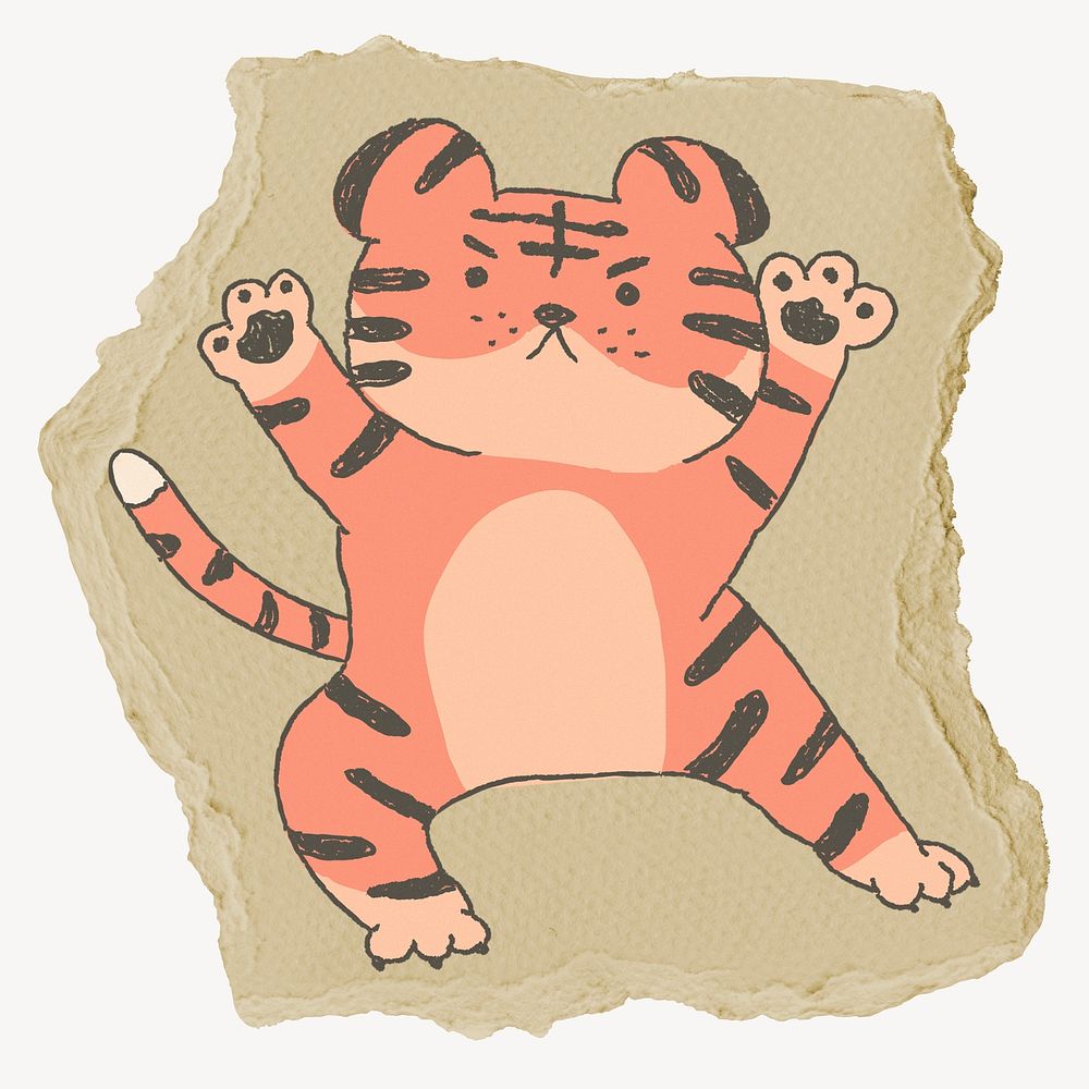 Cartoon tiger, ripped paper collage element 